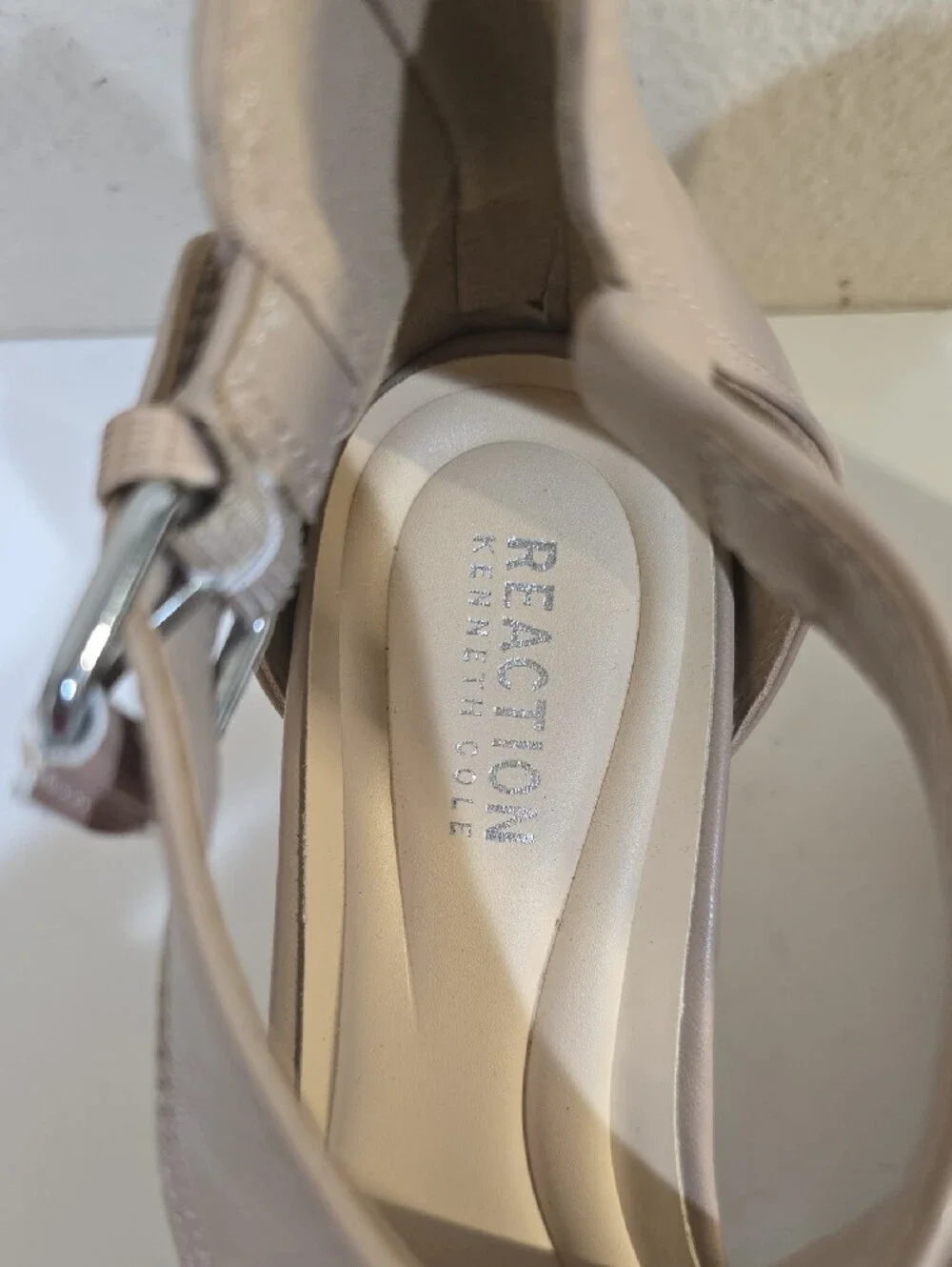 Reaction Kenneth Cole Taupe Open-Toe Ankle Strap Wedge